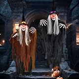 2 Stück Halloween Deko Outdoor, 105 * 80cm Horror Skelett Helloween Deko Tür, Halloween Türdeko Innen, Halloweendeko Haustür Hexe Gespenster Totenkopf Ghosts Hängedeko Leuchtaugen für Draußen Garten