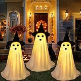 DTYDECLE 3 Stück Halloween Deko Outdoor Geist, 50cm leuchtende Stehender Geister mit Hexenhut für Halloween Party Garten Spukhäuse Deko