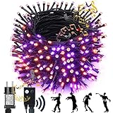 NEXVIN Halloween Deko Outdoor mit Lichterkette und Horror Sound, 25M 200LED Halloween Lichterkette Lila Orange, Memory Funktion & 6 Modi, Wasserdichte für Innen Garten Party